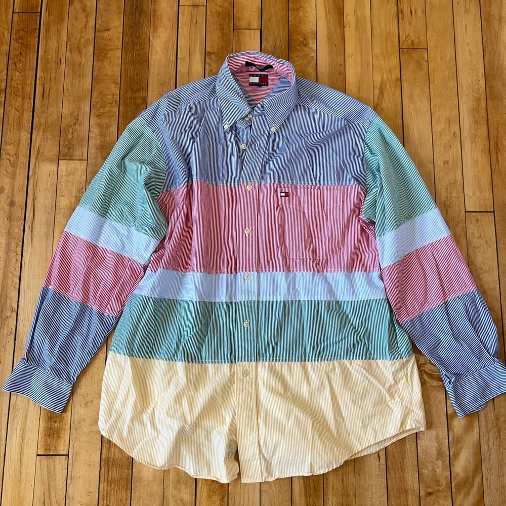 Tommy Hilfiger Button Multicolor Color Block Striped Casual Shirt Mens Size M